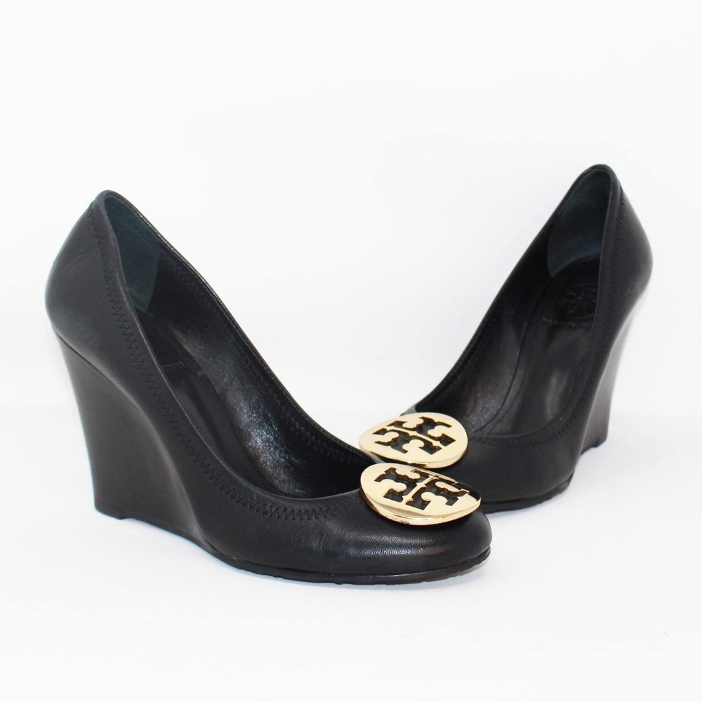 Tory Burch Black Wedges with Gold Logo